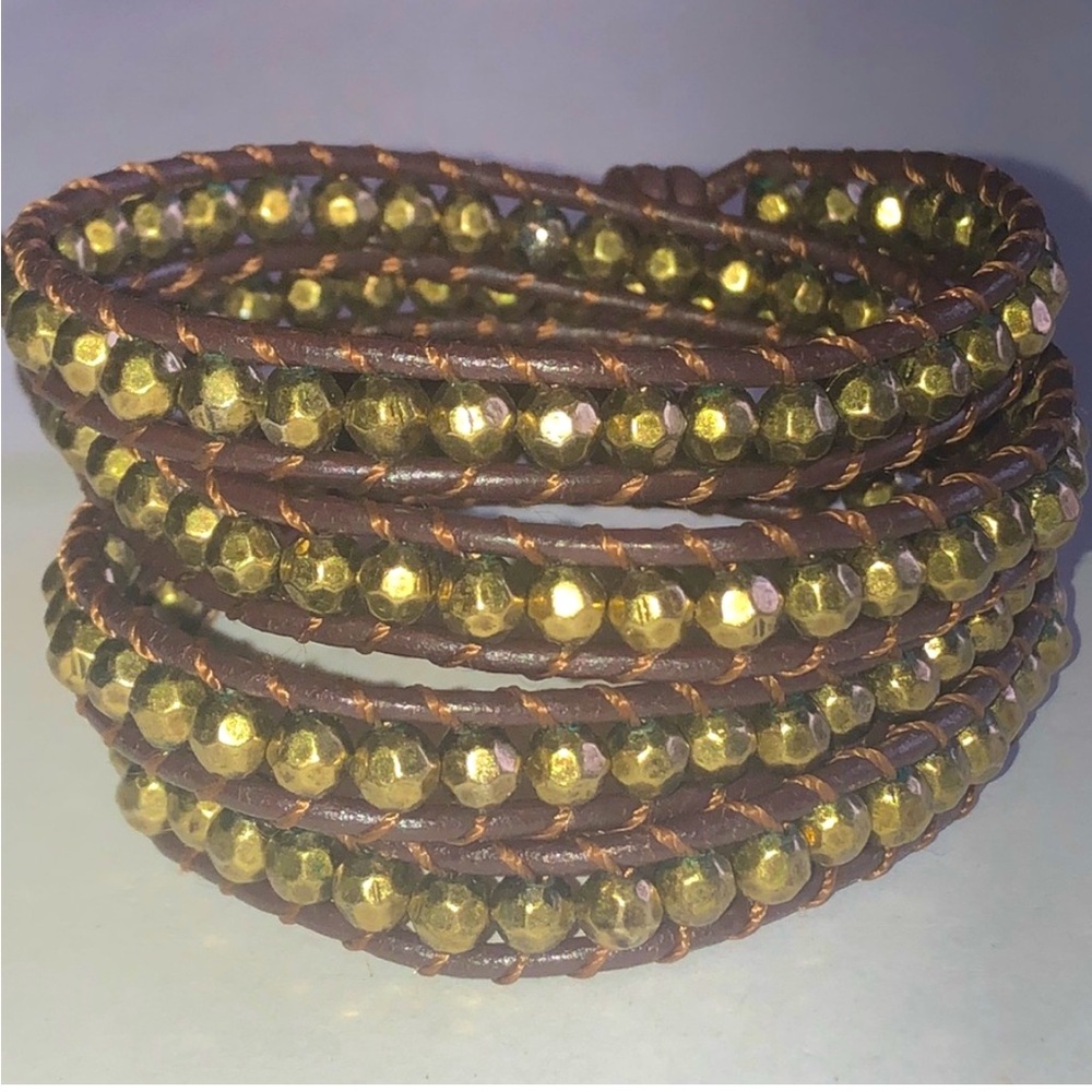 Brown & Metallic Gold/Brass Color Beaded Boho Wrap Bracelet